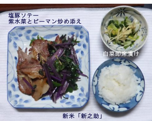 塩豚ソテー紫水菜炒めとご飯